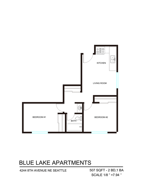 Floor plan for 2 beds, 1 bath, 485 sqft